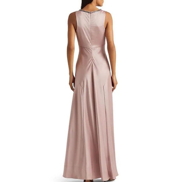 Ralph Lauren Solid Satin Charmeuse V-Neck Sleeveless Pleated Bodice Gown - Picture 3 of 5